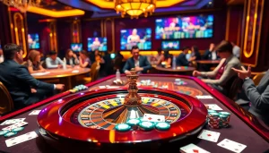 Exciting gambling scene at Trang chủ OK8386 with roulette, poker chips, and enthusiastic players.