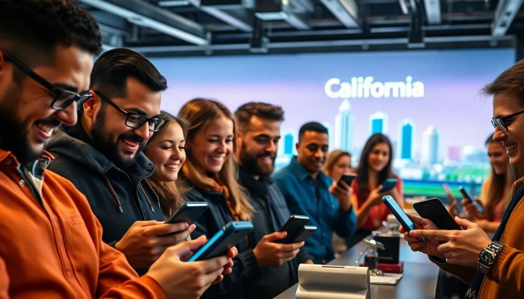 Engaged bettors with smartphones at vibrant sports betting sites California event.