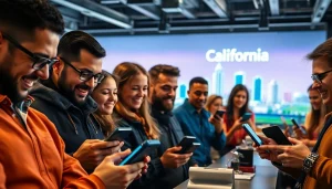 Engaged bettors with smartphones at vibrant sports betting sites California event.