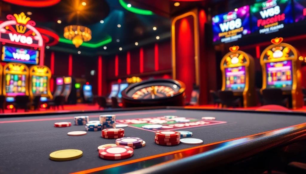 Exciting casino scene depicting luxurious elements while engaging in link to w88 gambling activities.