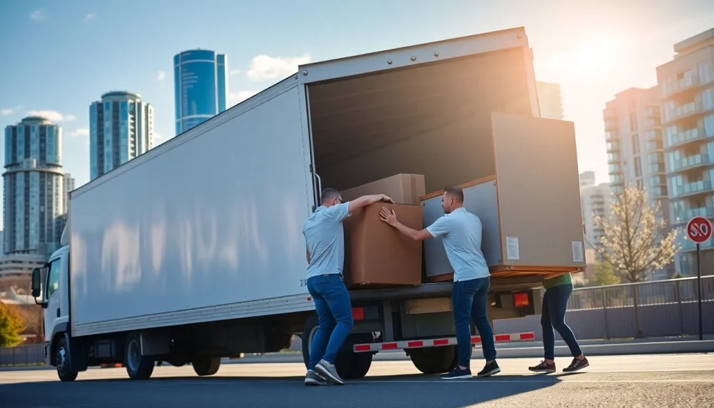 Movers from a moving company Vancouver loading furniture onto a truck in bright Vancouver.