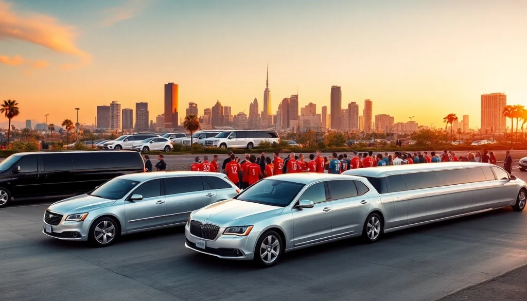 World Cup Group Transportation in luxury limousines amid the LA skyline, cheering fans, and vibrant team spirit.