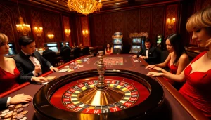 Engaged players enjoying exciting casino games at THABET with vibrant roulette wheel and luxurious decor.