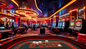 EE88 casino interface showcasing luxurious poker tables and vibrant slot machines.