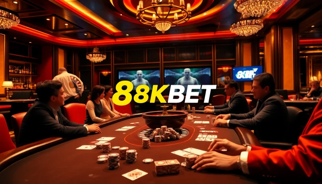 High-stakes poker action at 8KBET casino table with vibrant lights and chips.