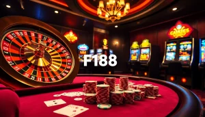 Players enjoying a thrilling game at F168 casino, showcasing poker chips and slot machines.