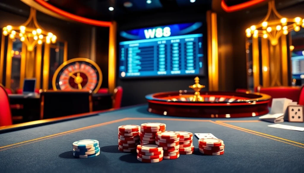 Cảnh casino trực tuyến hấp dẫn thể hiện liên kết truy cập W88 với bàn poker sôi động và bánh xe roulette rực rỡ.
