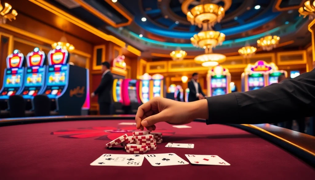 Players engaging in a high-stakes poker game at a luxurious F8bet casino table.