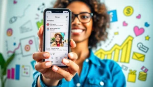 Engaging scene illustrating ways to monetize instagram stories link with vibrant visuals and an influencer.