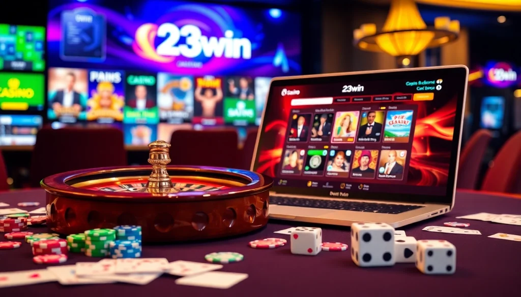 Experience the luxury of online gambling with 23win, showcasing poker chips and a casino table.