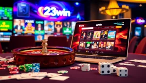 Experience the luxury of online gambling with 23win, showcasing poker chips and a casino table.