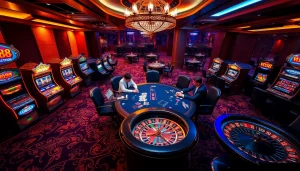 A dynamic gaming scene illustrating the W88 link amidst exciting casino activities like poker and slot machines.
