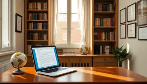 Bureau d'un traducteur professionnel à Lille, démontrant son expertise avec des tons chaleureux et une certification.