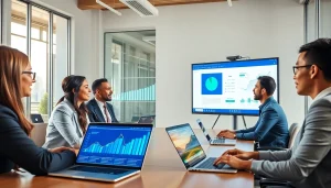 Visualizing online contact data verification in a modern office with professionals collaborating.