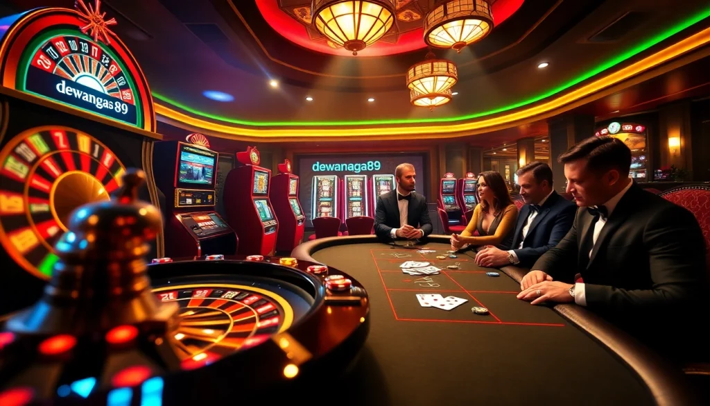 Pemain memutar mesin slot dan bertaruh di kasino Dewanaga89 dengan atmosfer yang hidup dan kemewahan.