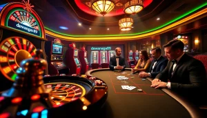 Pemain memutar mesin slot dan bertaruh di kasino Dewanaga89 dengan atmosfer yang hidup dan kemewahan.