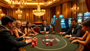 Excited players engaging in a game at the F8Bet casino table, showcasing vibrant gambling energy.