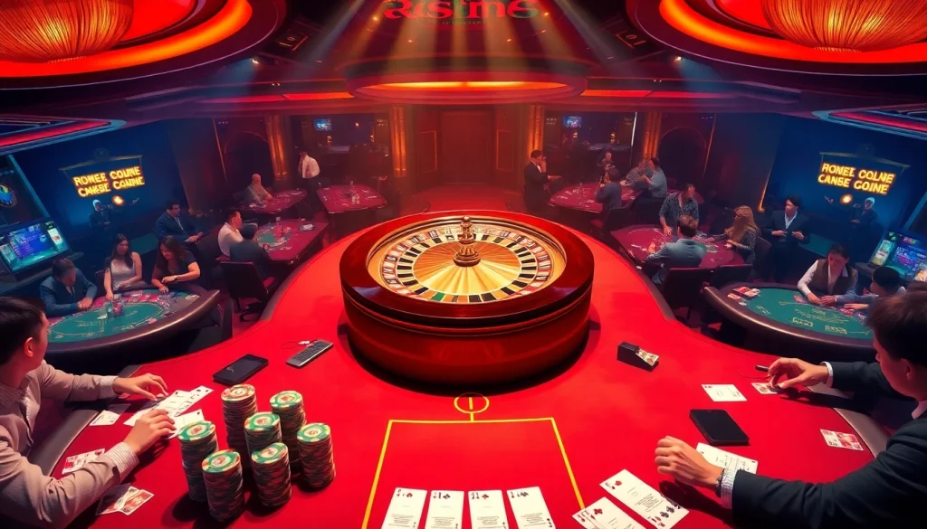 Action-packed rr88 casino scene with poker tables and a roulette wheel, showcasing luxury and excitement.