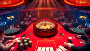 Action-packed rr88 casino scene with poker tables and a roulette wheel, showcasing luxury and excitement.