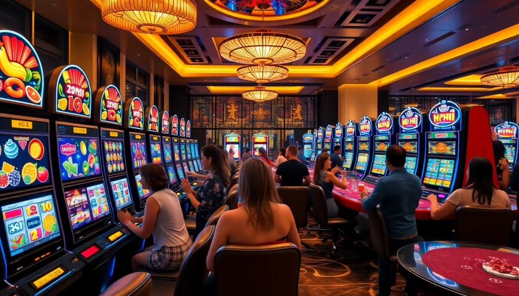 Exciting scene of nổ hũ slot games in a luxurious casino atmosphere.
