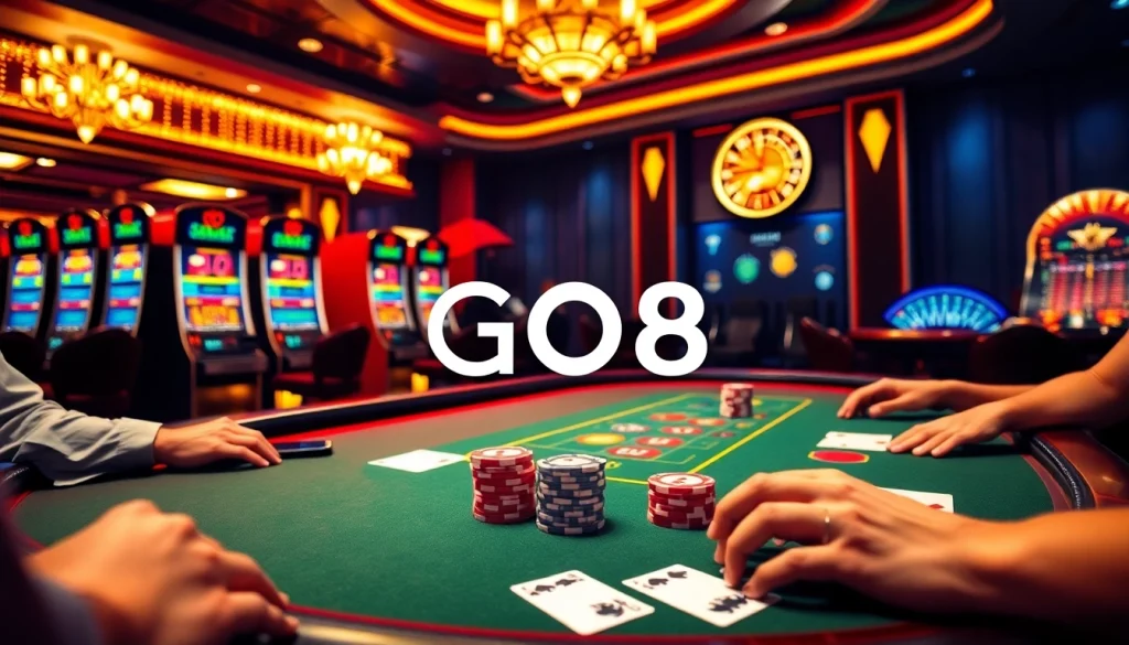 Play high-stakes poker in a luxurious casino setting showcasing GO8 gaming elements.
