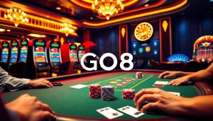 Play high-stakes poker in a luxurious casino setting showcasing GO8 gaming elements.