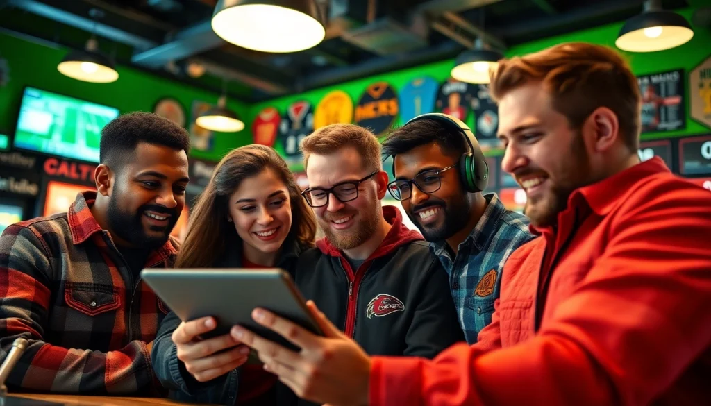 Engaged bettors analyzing sports betting sites Canada at a vibrant sports bar.
