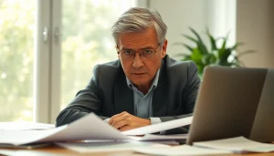 Person experiencing brain fog while working at a cluttered desk, showcasing concentration challenges.