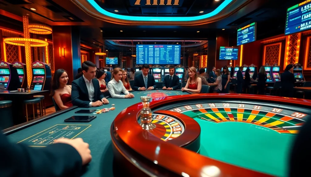 Engaged players at a poker table in a luxurious casino, showcasing 7m cn betting odds.