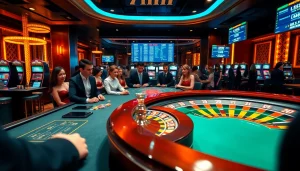 Engaged players at a poker table in a luxurious casino, showcasing 7m cn betting odds.