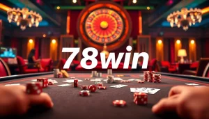 Exciting gambling scene featuring 78win at an elegant casino table with poker chips and cards.