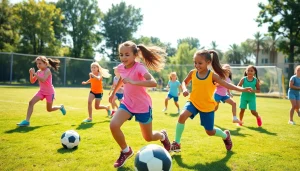 Girls enjoying Multi Sports Camps for Girls participating in soccer, basketball, and gymnastics activities.