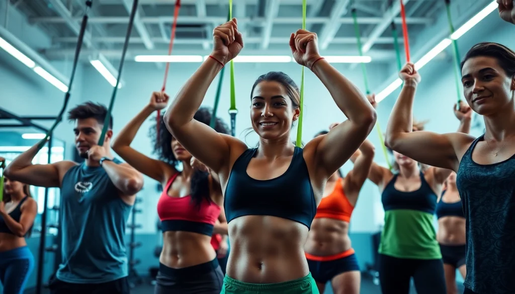 Engaging workout scene featuring diverse users utilizing resistance bands for pull-ups to enhance strength training.