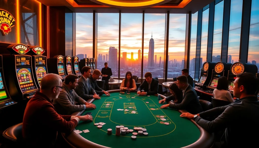 Experience onicplay excitement at a luxurious casino with vibrant slot machines and poker games.