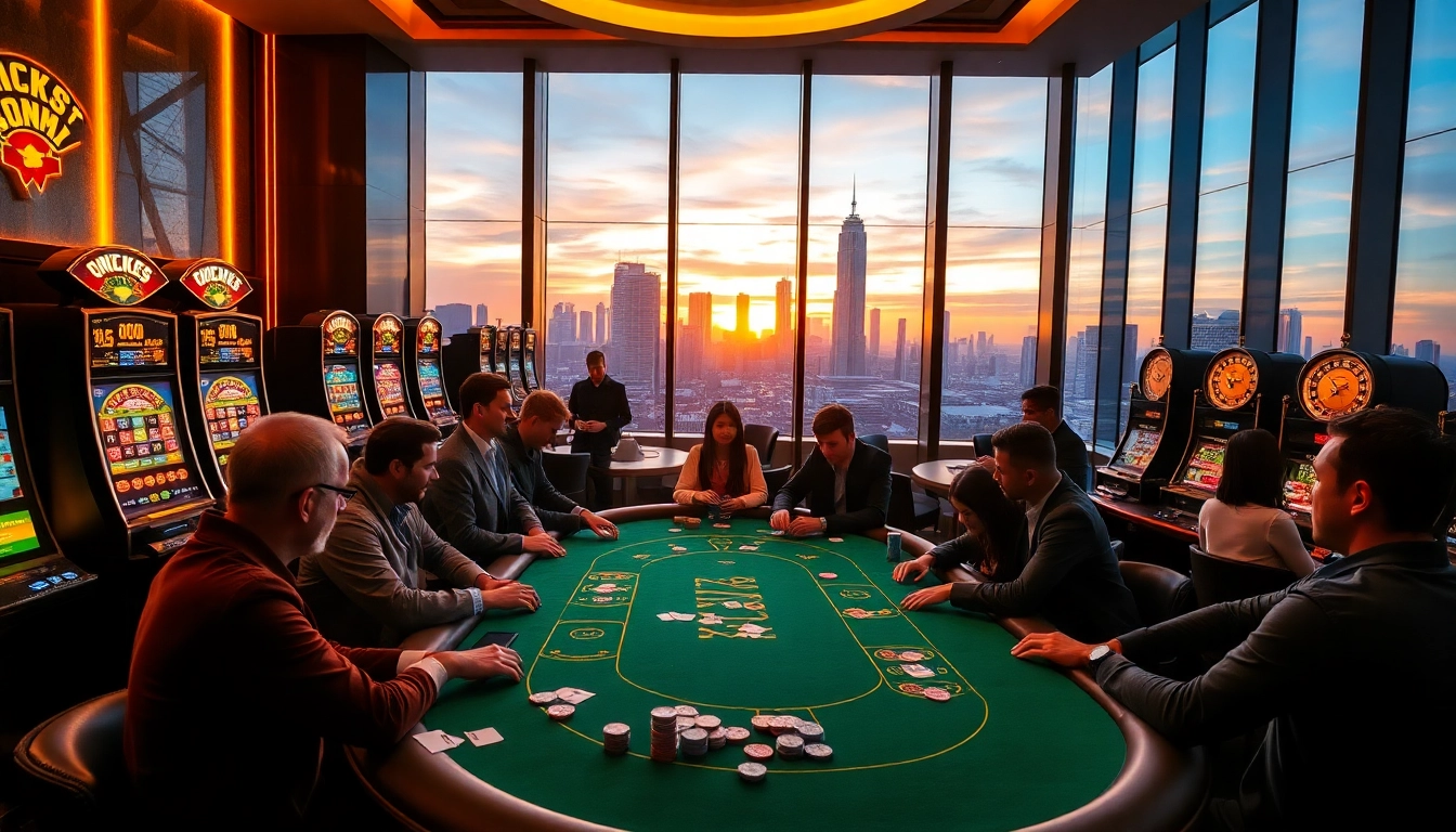 Experience onicplay excitement at a luxurious casino with vibrant slot machines and poker games.