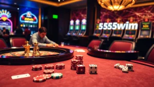 Players strategizing at a poker table, showcasing 555win com's elite online casino experience.