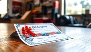 Car detailing gift certificate displayed on a wooden desk, showcasing a luxurious design.