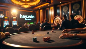 Players enjoying a high-stakes poker game on hay.win, surrounded by vibrant casino elements.