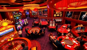 Players enjoy thrilling casino games at a vibrant b52-themed gaming floor filled with excitement.