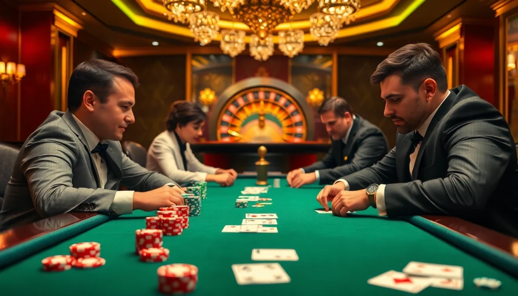 Players strategizing in an exciting poker game scene at 7upbet, showcasing vibrant chips and cards.