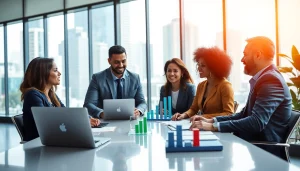 Illustration of professionals exploring growth strategy trends in a modern office.