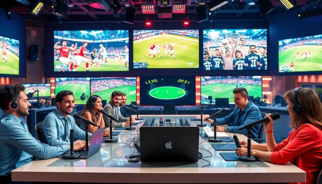 Dynamic scene of sports broadcasting with commentators discussing live events in a vibrant studio.