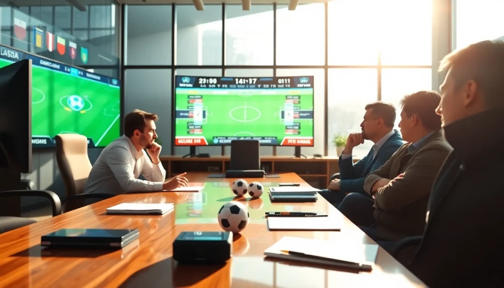 Analyze ตารางพรีเมียร์ลีก with dedicated soccer analysts discussing strategies in a bright office setting.
