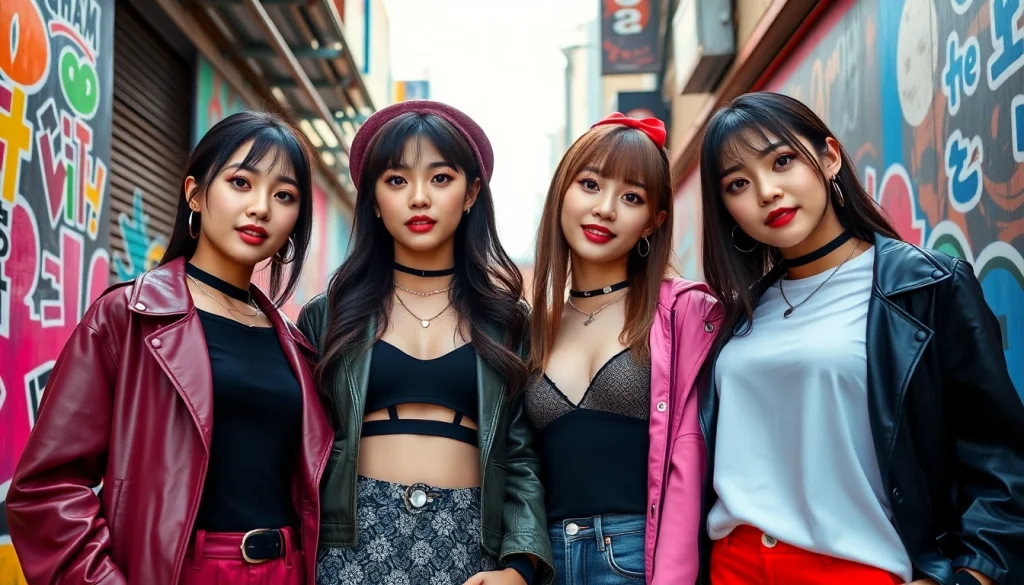 Four blackpink members posing vibrantly against an artistic urban backdrop.