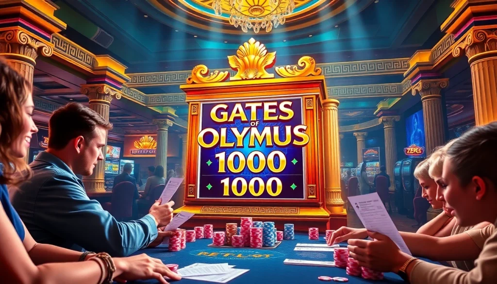Players enjoying the Gates of Olympus 1000 slot machine in an elegant casino setting.