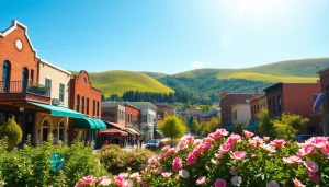 Clarksburg's vibrant downtown street scene with historic buildings and blooming flowers.