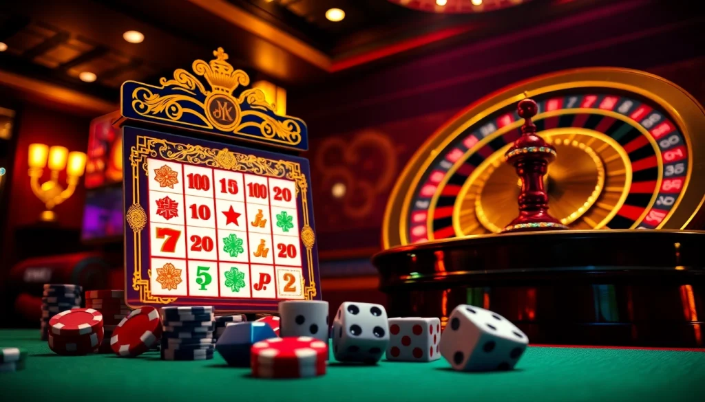 Mainkan slot demo Mahjong dengan visual yang hidup dan elemen kasino yang imersif di sekelilingnya.