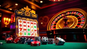 Mainkan slot demo Mahjong dengan visual yang hidup dan elemen kasino yang imersif di sekelilingnya.