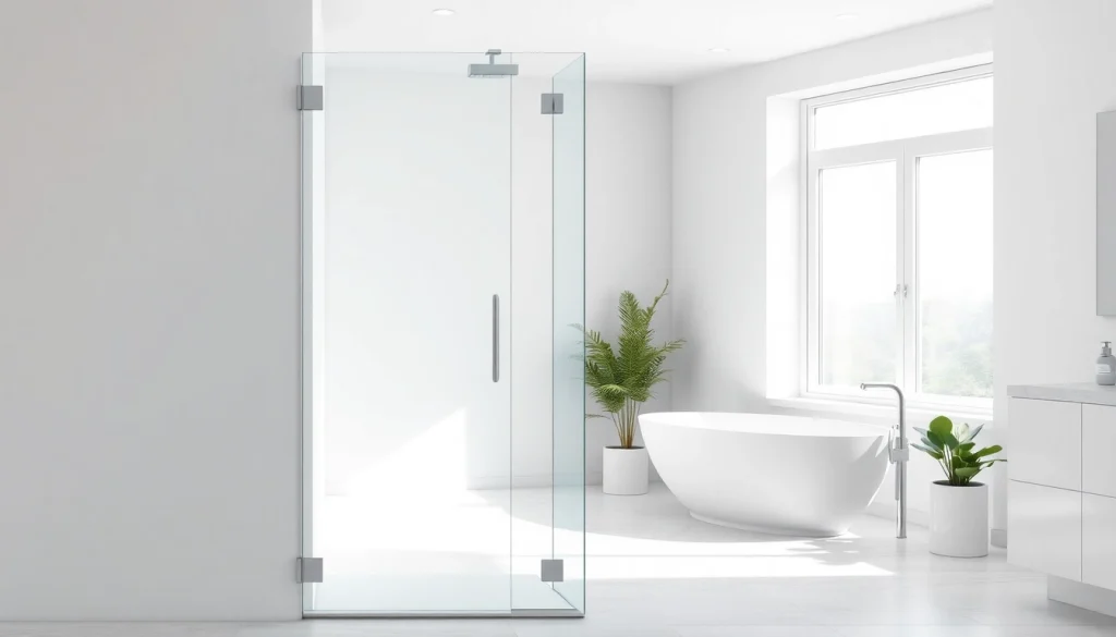 Elegant shower screen door highlighting modern design and spacious bathroom atmosphere.