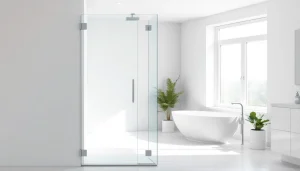 Elegant shower screen door highlighting modern design and spacious bathroom atmosphere.
